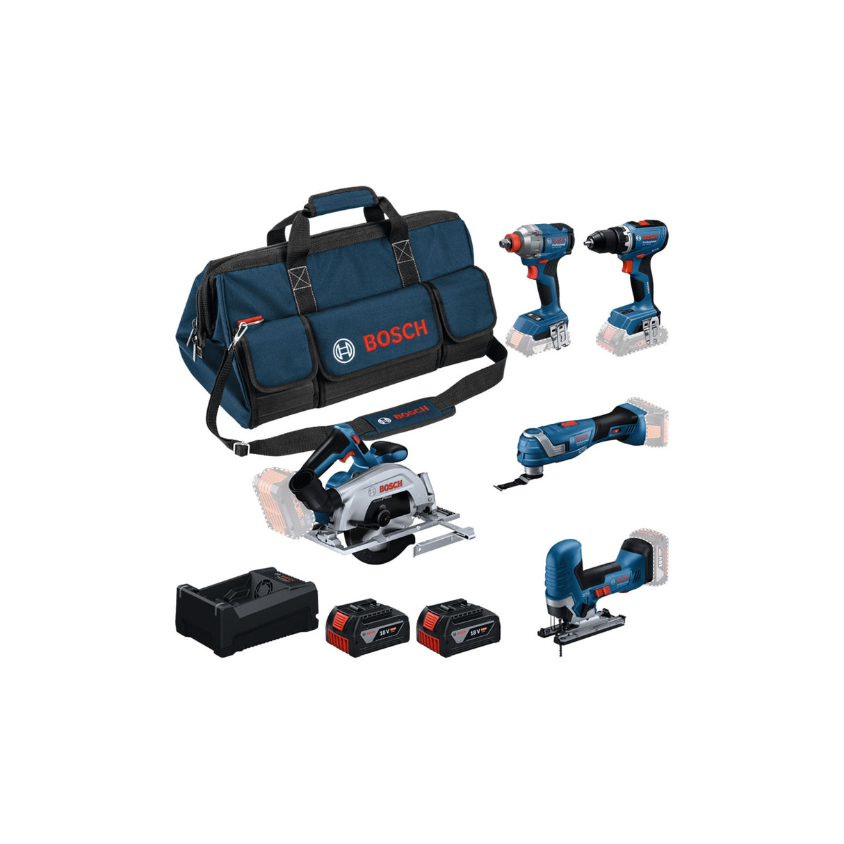 PRO sett Bosch med 5 maskiner, 2x5.0 Ah batteri, hurtiglader og verktøyveske (0 615 A50 0BV)