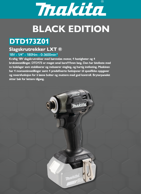 Makita 18V Slagskrutrekker LXT ® DTD173Z01 - BLACK EDITION
