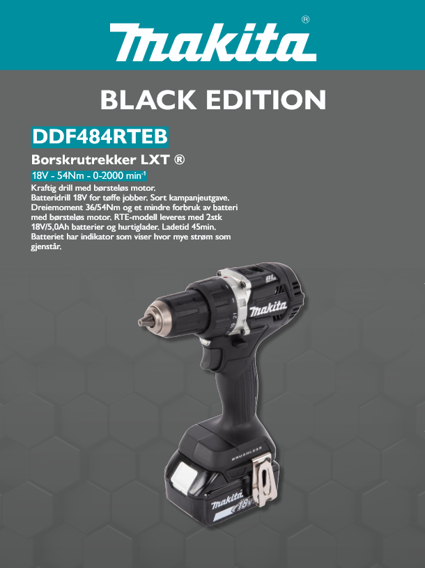 Makita 18V Borskrutrekker LXT ® med 2 Batteri 5Ah og hurtiglader DDF484RTEB - BLACK EDITION